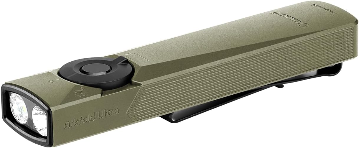 Arkfeld Ultra EDC Flat Flashlight Rechargeable, OAL, Olive-Green CW | Green Beam,UV Light, White LED, 1400 Lumens