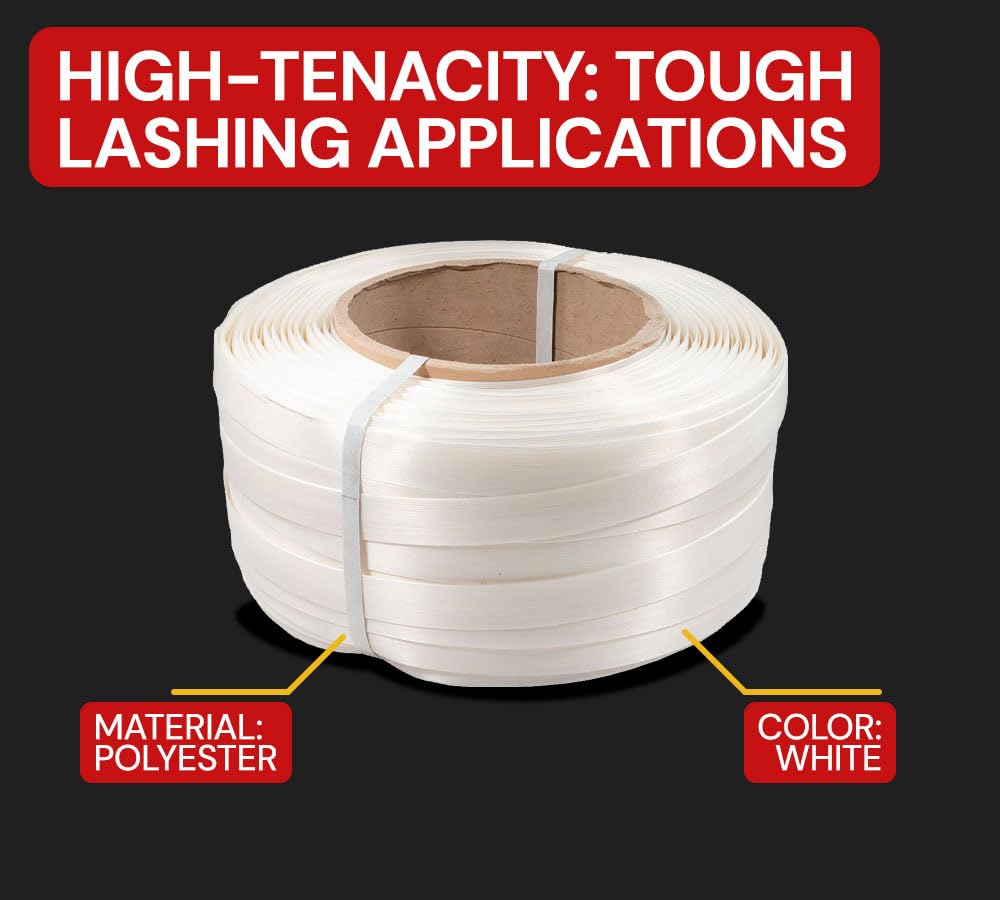 1-1/4”x1960’ Composite Cord Strapping Roll 8”x8” Core Size - 5700 lbs Breaking Strength - High Tenacity White Poly