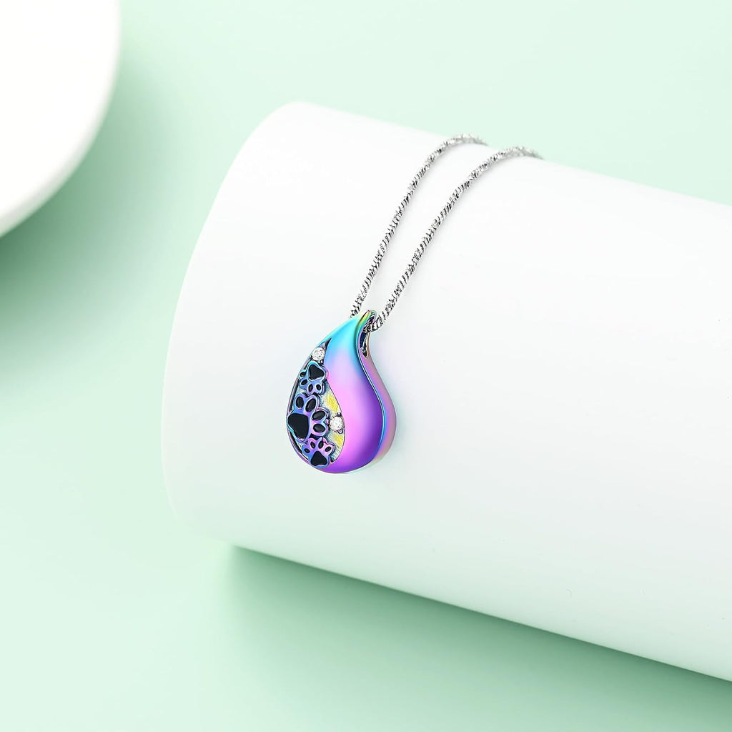 Pet Paw Print Teardrop Urn Necklace for Ashes for Dog/Cat Ashes Keepsake Memorial Pet Cremation Jewelry