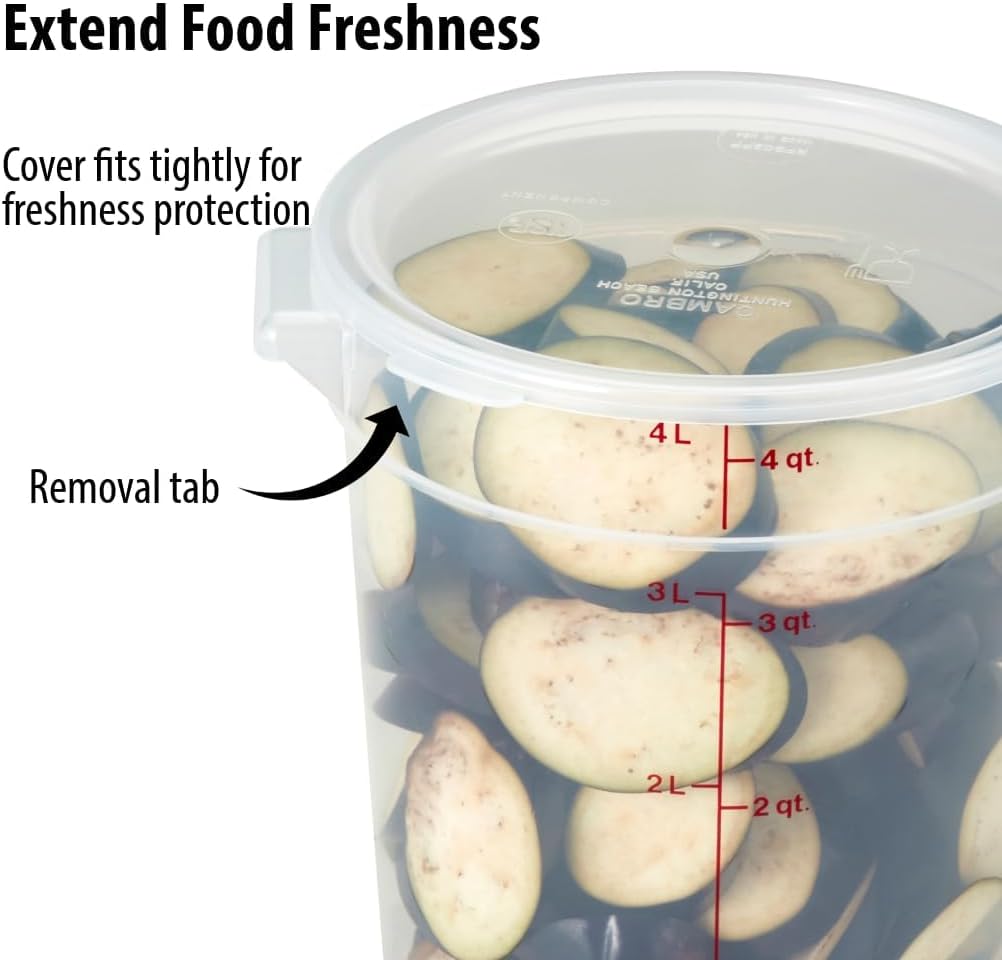 Cambro 4 Quart Round Food Storage Container, Translucent, with a Translucent Lid, 2-Pack, Bundle with a Measuring