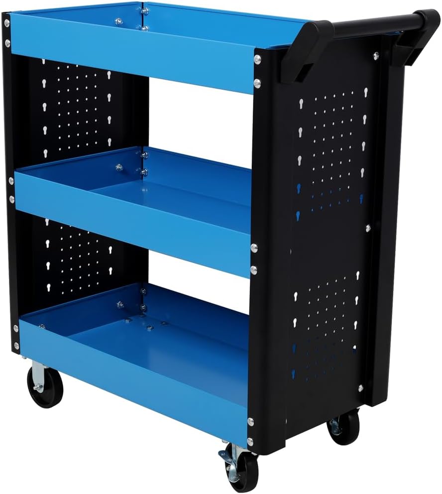 3 Tier Rolling Tool Cart on Wheels,Heavy Duty Utility Tool Cart with Pegboard for Repair Shop, Garage, Warehouse (Blue)