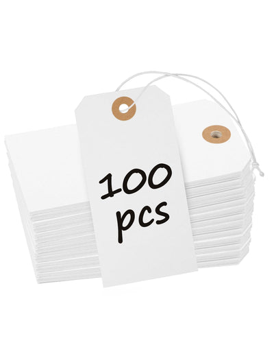 100 Pcs White Blank Shipping Tags with Elastic String Attached Cardstock Paper Hang Tags with Reinforced Eyelet Large