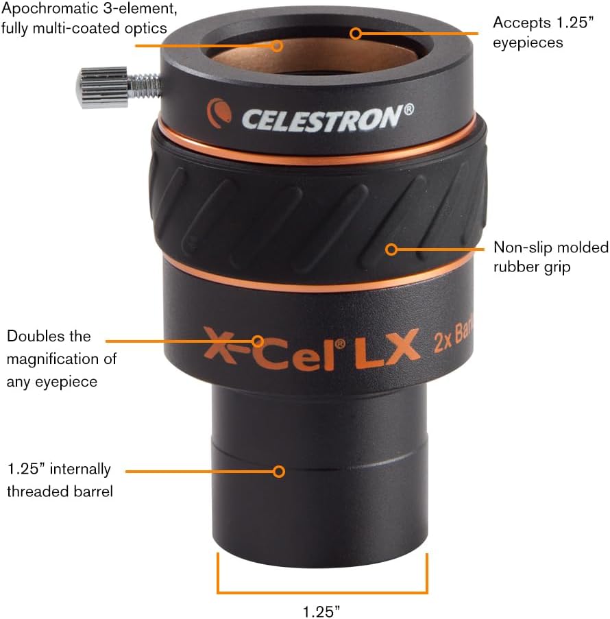 X-Cel LX 2X Barlow Lens for Telescope Eyepieces – 1.25" | Doubles Eyepiece Magnification, Fully Multi-Coated Optics
