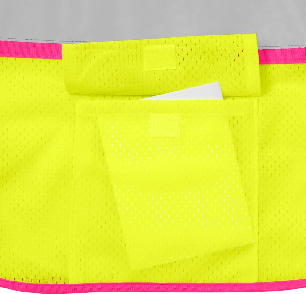 1284-LZ-PT-4-XL ANSI Class 2 Polyester Mesh SAFETY Vest with Zipper & 2" Silver Reflective Tape w/Pink Trim, Lime