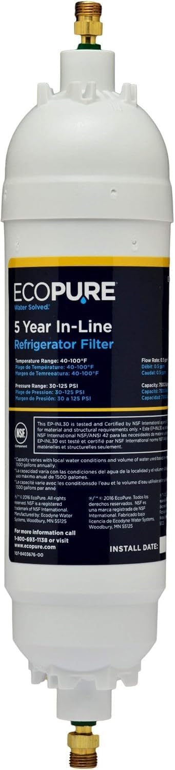 EPINL30 5-Year In-Line Refrigerator Water Filter – Universal Fit for Most Fridges, Ice Makers, RVs & Boats – Reduces