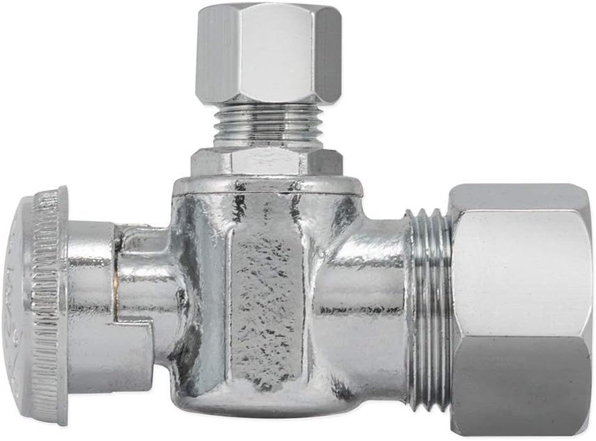 1/4 Inch OD x 5/8 Inch OD (1/2 Inch Nom.) Quarter Turn Angle Stop Valve, Brass Plumbing Fitting, Chrome, 10737LF
