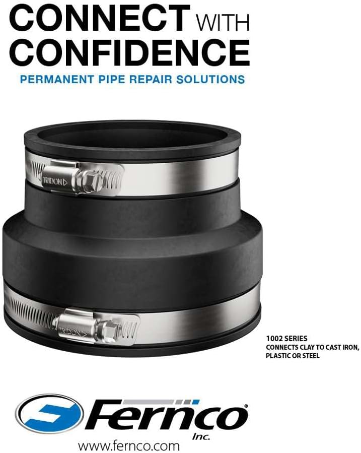 Fernco P1002-46 Flexible PVC Sewer Drain Pipe Coupling for Clay to Cast Iron, Plastic or Steel Plumbing Waste Connections 4" x 6"