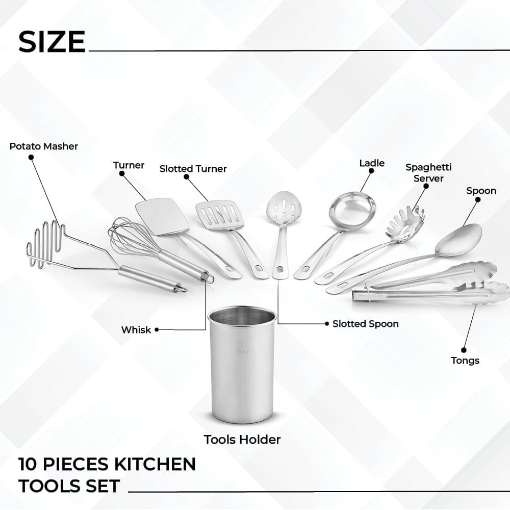 Premium Set of 10 Stainless Steel Kitchen Tool Set with Holder Easy To Clean, Space Saving, Great for Cooking