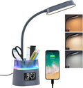 LED Desk Lamp for College Dorm Room Essentials, Students Study Lamp with USB Charging Port, Pen Holder, Clock & RGB