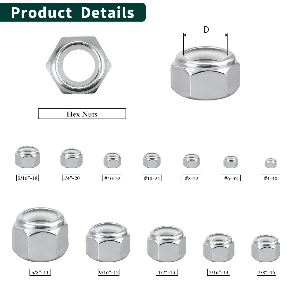#10-32 Nylon Lock Nuts, 304 Stainless Steel (18-8) Hex Insert Locknuts, UNF Fine Thread, Precision Nuts for 3D Printers & Electronics, 50 Pack