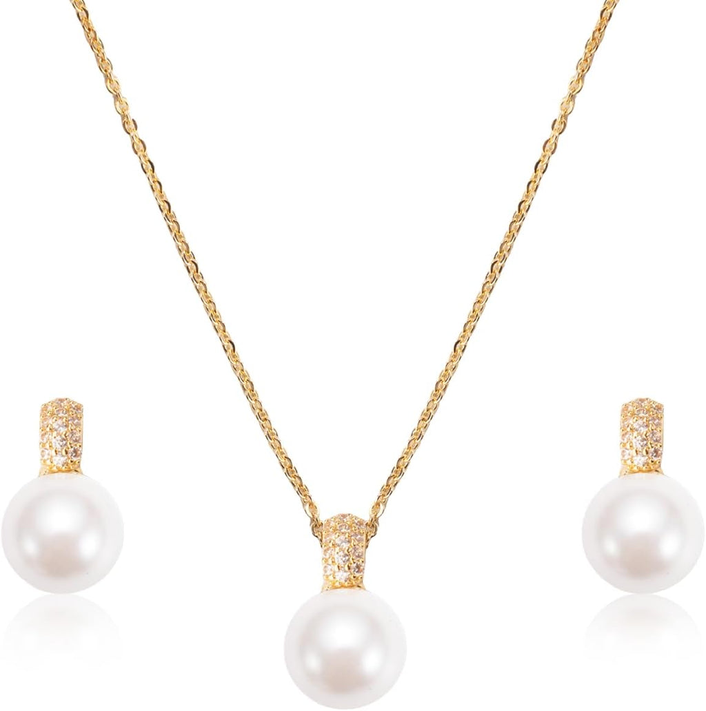 Classic Pearl Jewelry Set for Women – Elegant Pearl Necklace and Earrings Set with 14K Gold Plated Silver Chain