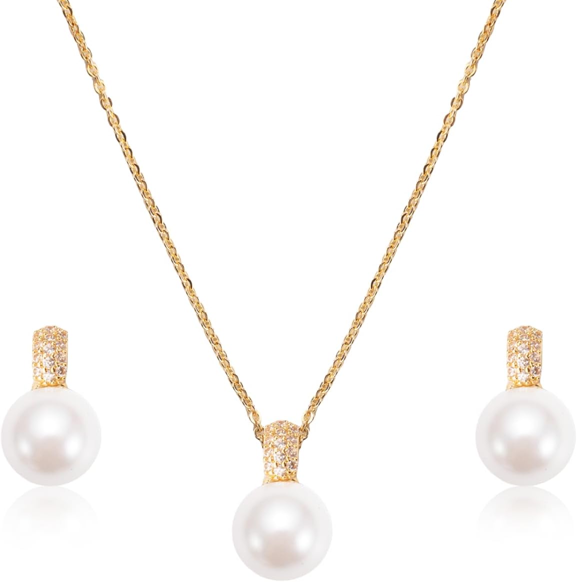 Classic Pearl Jewelry Set for Women – Elegant Pearl Necklace and Earrings Set with 14K Gold Plated Silver Chain
