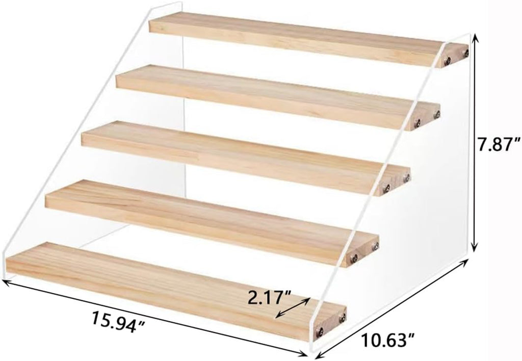 5 Tier Acrylic Wooden Display Stand, Clear Acrylic Display Riser Shelf Wood Tiered Display Shelf Rack Step Ladder