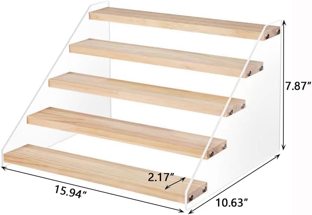 5 Tier Acrylic Wooden Display Stand, Clear Acrylic Display Riser Shelf Wood Tiered Display Shelf Rack Step Ladder