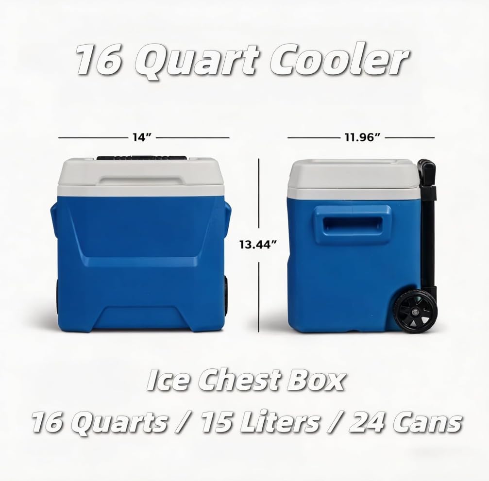 16 QT Laguna Hard Side Ice Chest Cooler with Wheels, Portable Rolling Ice Chest, Blue