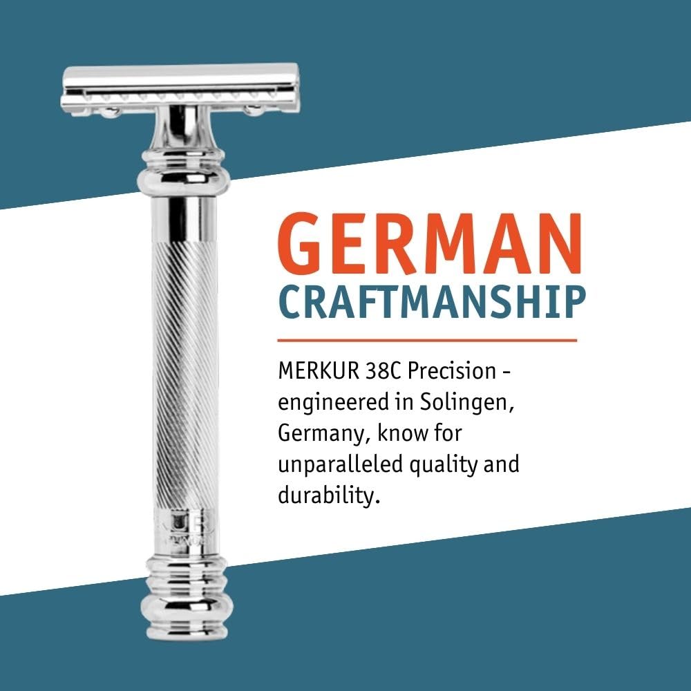 38C Double Edge Safety Razor - Bright Chrome, Extra Large Barber Pole Grip Brass Handle, Made in Germany