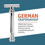 38C Double Edge Safety Razor - Bright Chrome, Extra Large Barber Pole Grip Brass Handle, Made in Germany