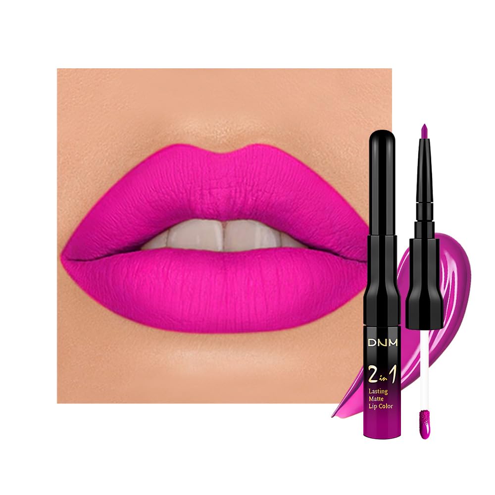 1Pcs Hot Pink Matte Lip Liner & Liquid Lipstick Stain Makeup Set for Women Gift, Pink Lip Liner Stain Long Lasting