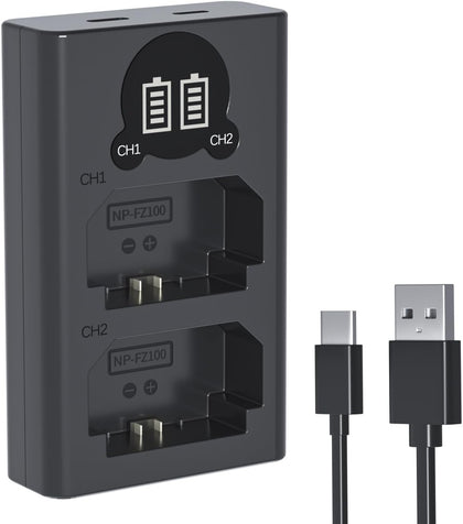 NP-FZ100 Camera Battery Charger, Dual USB Charger with LCD Display, Compatible with Sony A7iii, A7iv, A7C, A6700