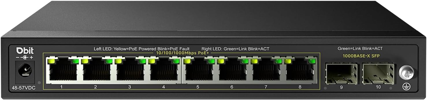 10-Port Gigabit Network Switch with 8 PoE+ Ports @125W with 2 Combo SFP Slots, Unmanaged PoE Switch, 802.3af/at