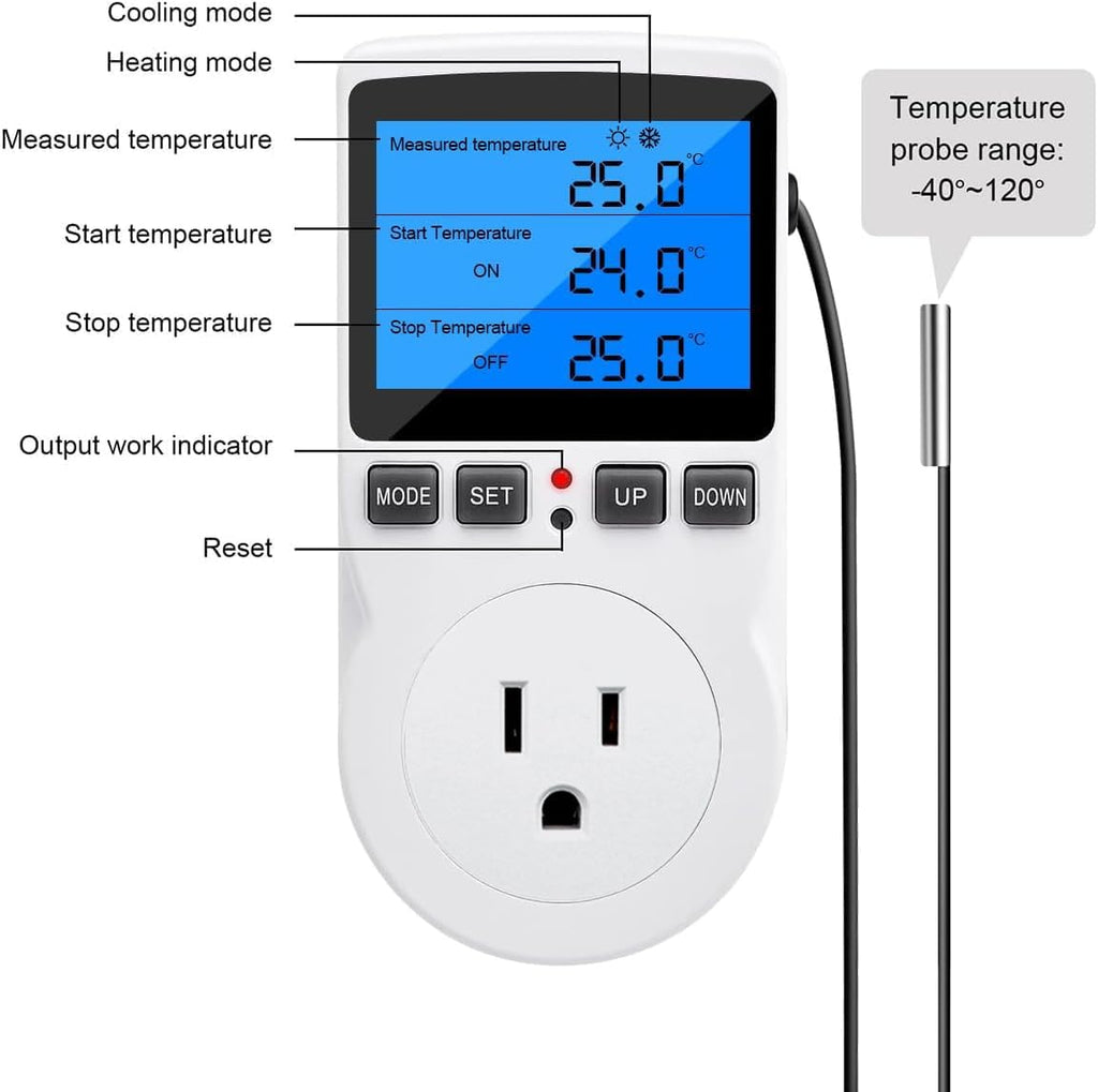 Digital Thermostat Controller - Plug-in Temperature Controller for RVs, Reptile Terrariums, and Greenhouses (1800W