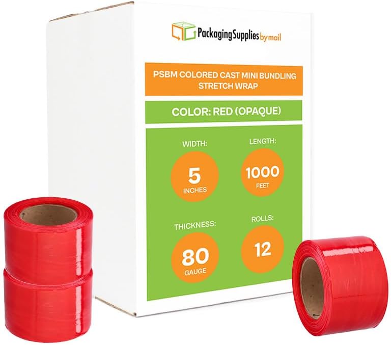 PSBM Dark Red Mini Stretch Wrap with Handle 5" x 1000' 80 GA 12 Rolls