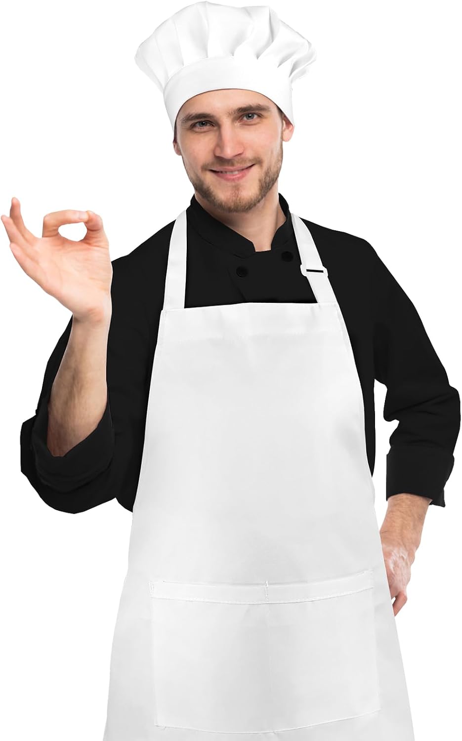 White Chef Hat and Apron, Adjustable Chef Costume Set, Kitchen Cooking Baking Apron with 2 Pockets for Men and Women
