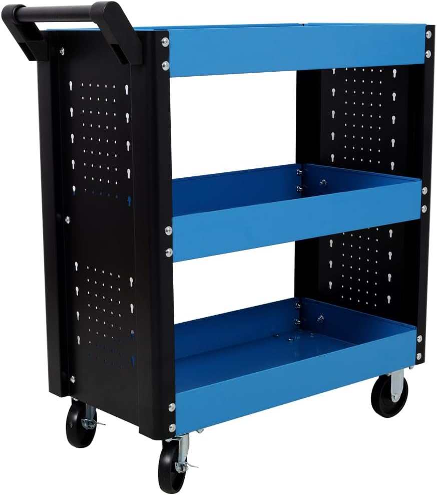 3 Tier Rolling Tool Cart on Wheels,Heavy Duty Utility Tool Cart with Pegboard for Repair Shop, Garage, Warehouse (Blue)