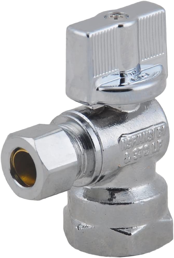 LD Valve -1/4 Turn Angle Stop Valve 1/2-in FIP Iron Pipe x 3/8-in OD Compression, Quarter Turn LF Brass Chrome Plated