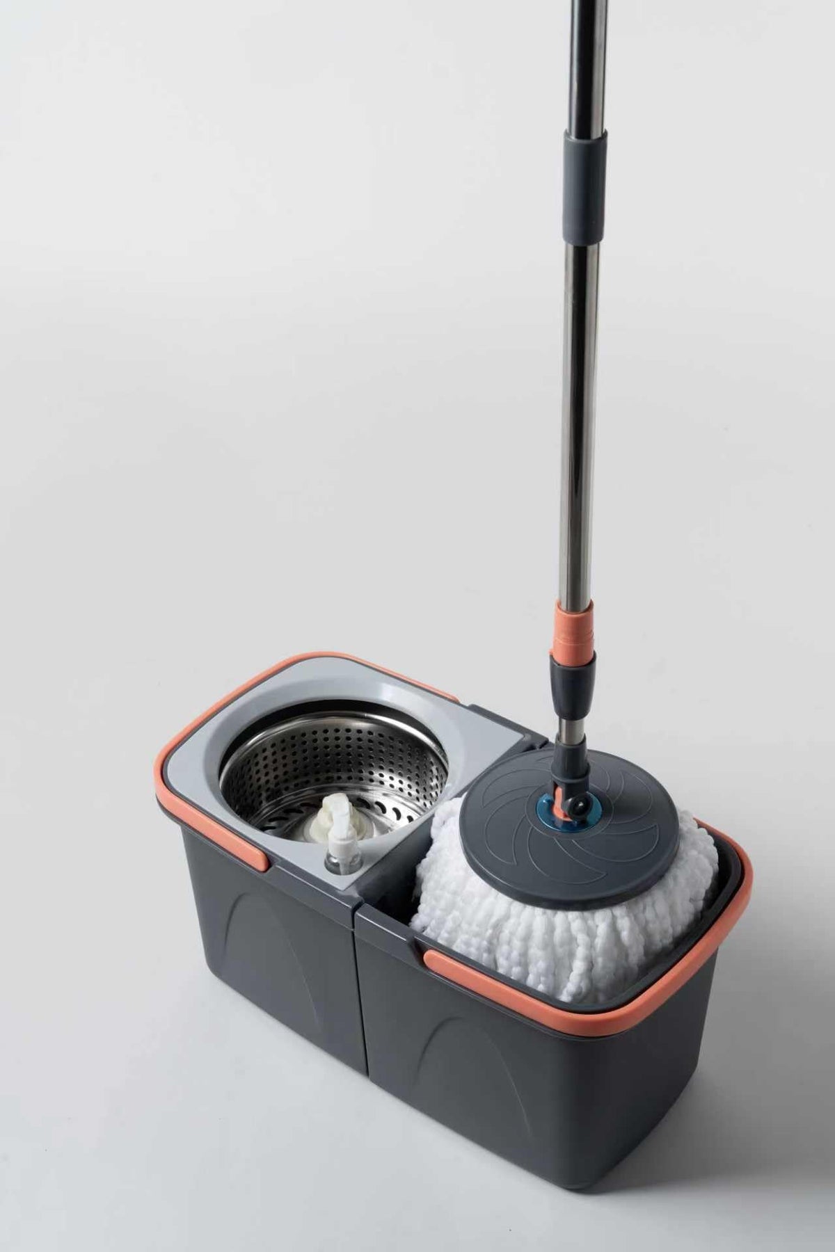 Spin Mop Bucket System with Wringer, Stainless Steel Telescopic Handle, Dual-Chamber Bucket, 2 Reusable Microfiber