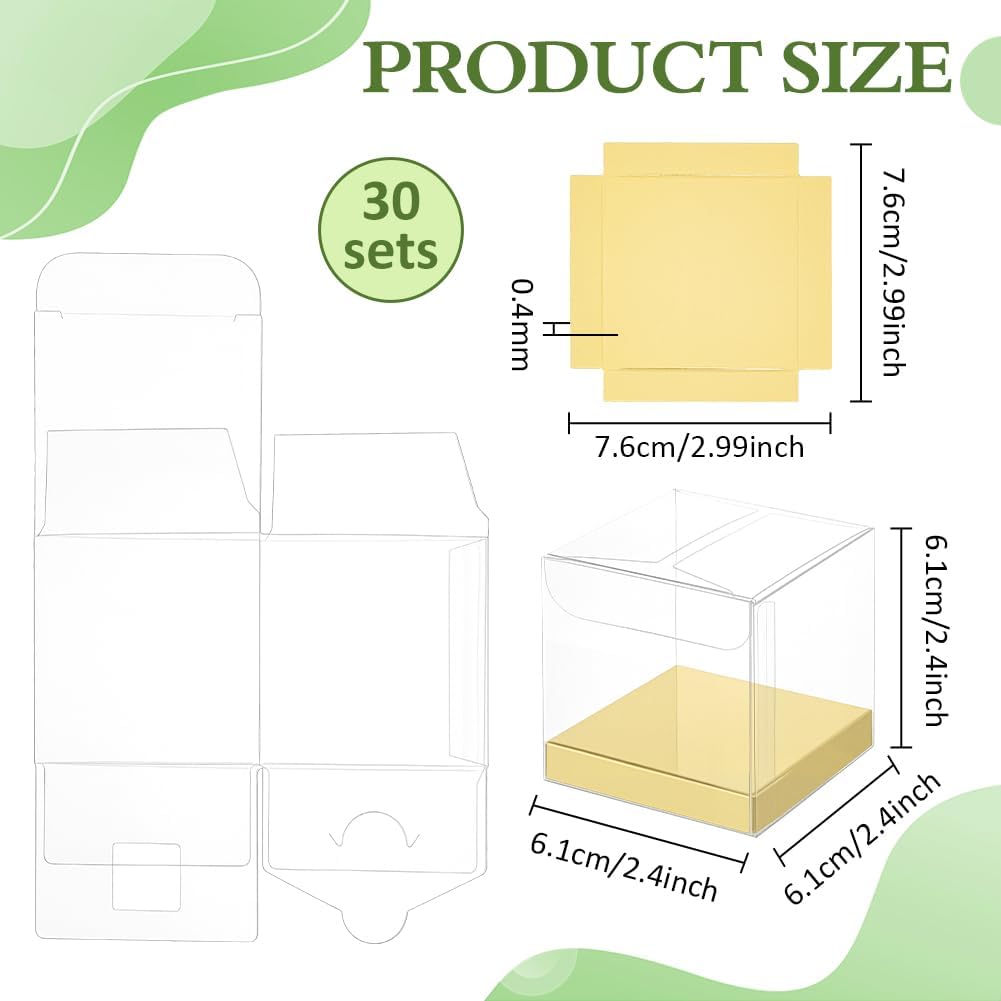 30 Pcs Clear Gift Boxes, 2.4x2.4x2.4 Inch Folding PVC Favor Boxes with Gold Paper Card Base for Wedding Birthday