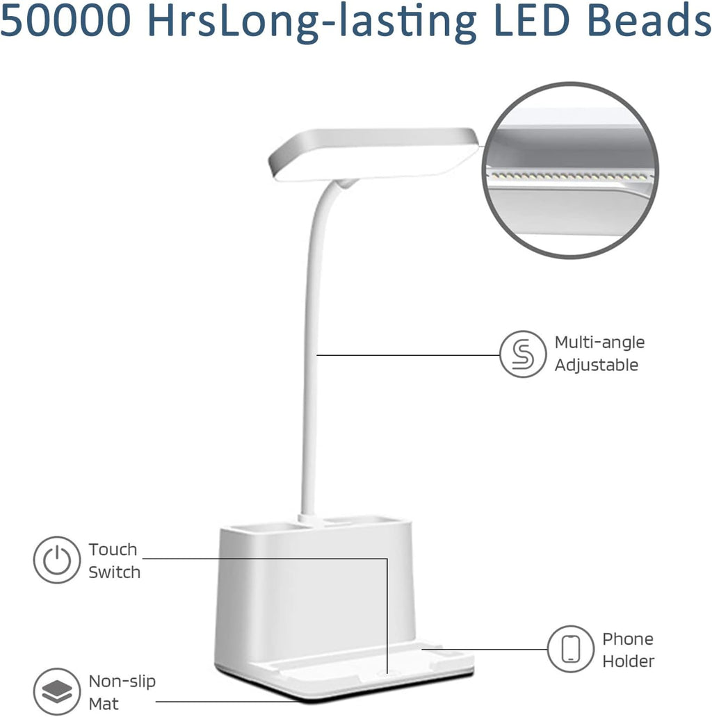 LED Small Desk Lamp with Pen Holder/Phone Holder Function, Rechargeable Desk Light with Flexible Gooseneck, 3 Modes