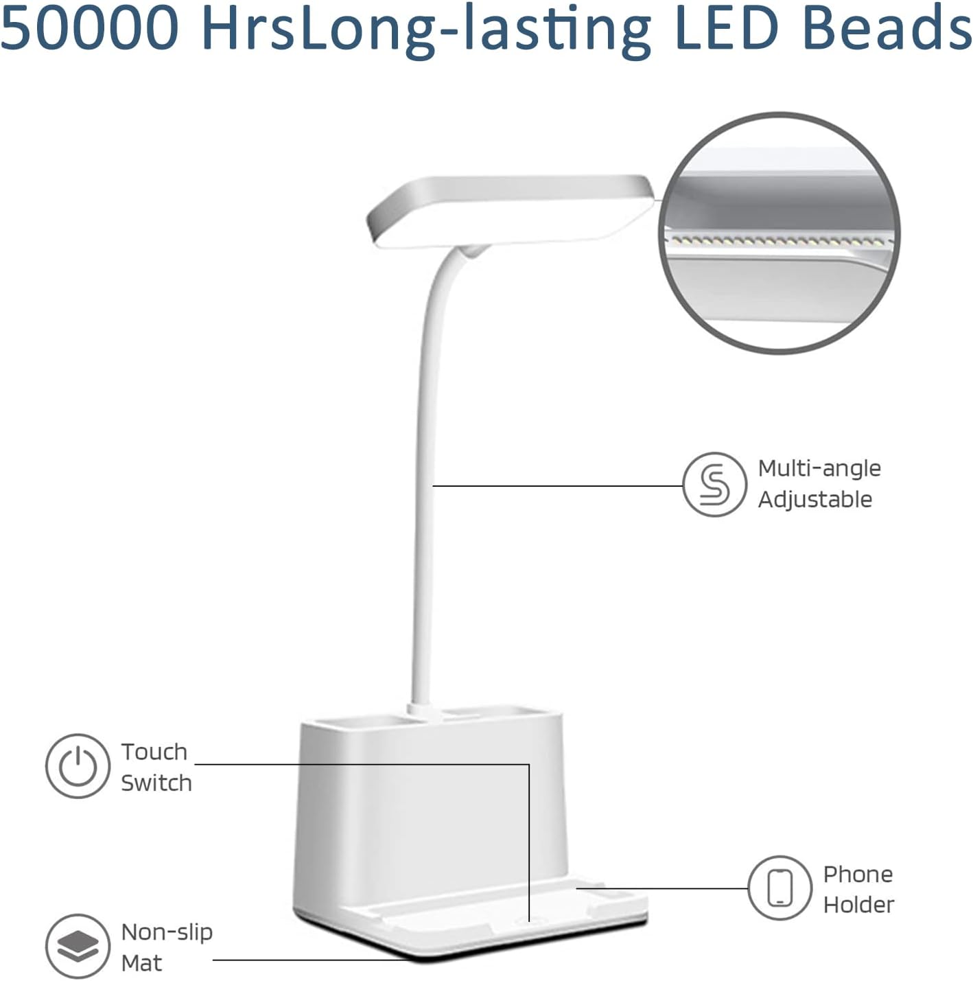 LED Small Desk Lamp with Pen Holder/Phone Holder Function, Rechargeable Desk Light with Flexible Gooseneck, 3 Modes