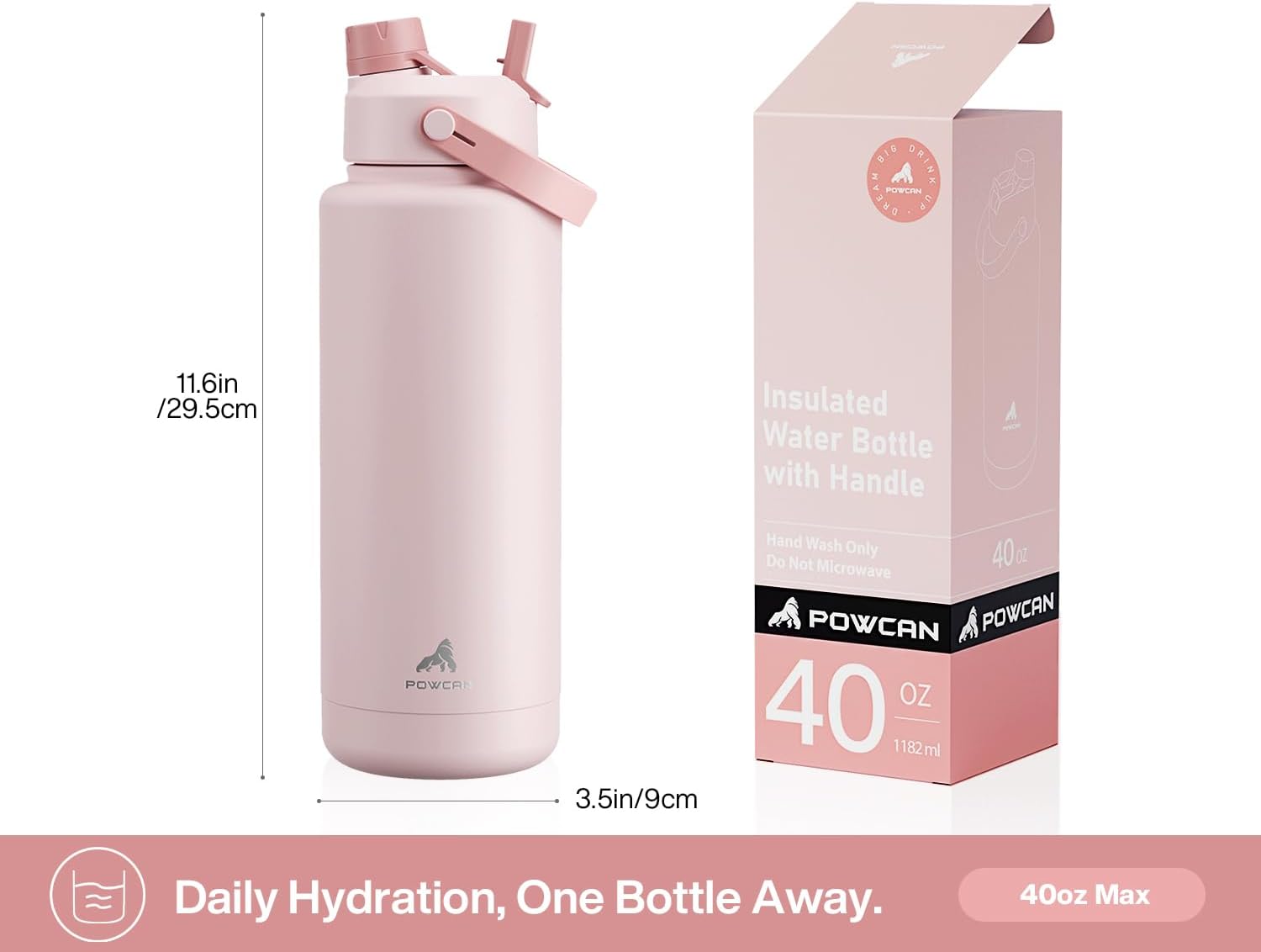 40 oz Insulated Water Bottle with 2-in-1 Straw and Spout Lid, Keep Cold 24H, Leak-Proof, BPA-Free, Double Wall
