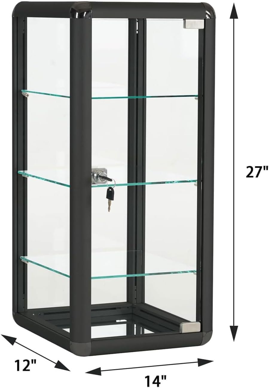 14" W x 27" H x 12" D Black Aluminum Frame Tempered Glass Countertop Display Case - Durable and Clear Tabletop