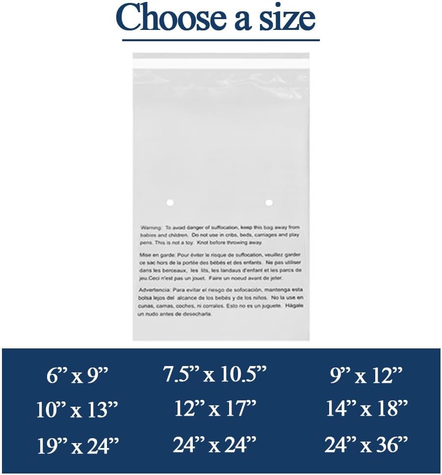 24" X 36" (10 Count) Self Seal Clear Poly Bags with Suffocation Warning for Packaging, Shipping - Permanent Adhesive