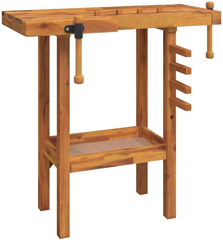 Workbench with Vices, Solid Wood Acacia Garage Work Station, 36.2x18.9x32.7 Inch Heavy Duty Workshop Table with