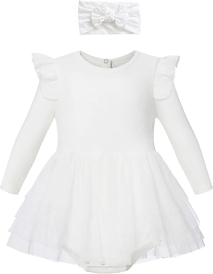 Organic Cotton Baby Girls Tutu Dress Baby's Tulle Dress with Headband Outfit Set 0-24Months