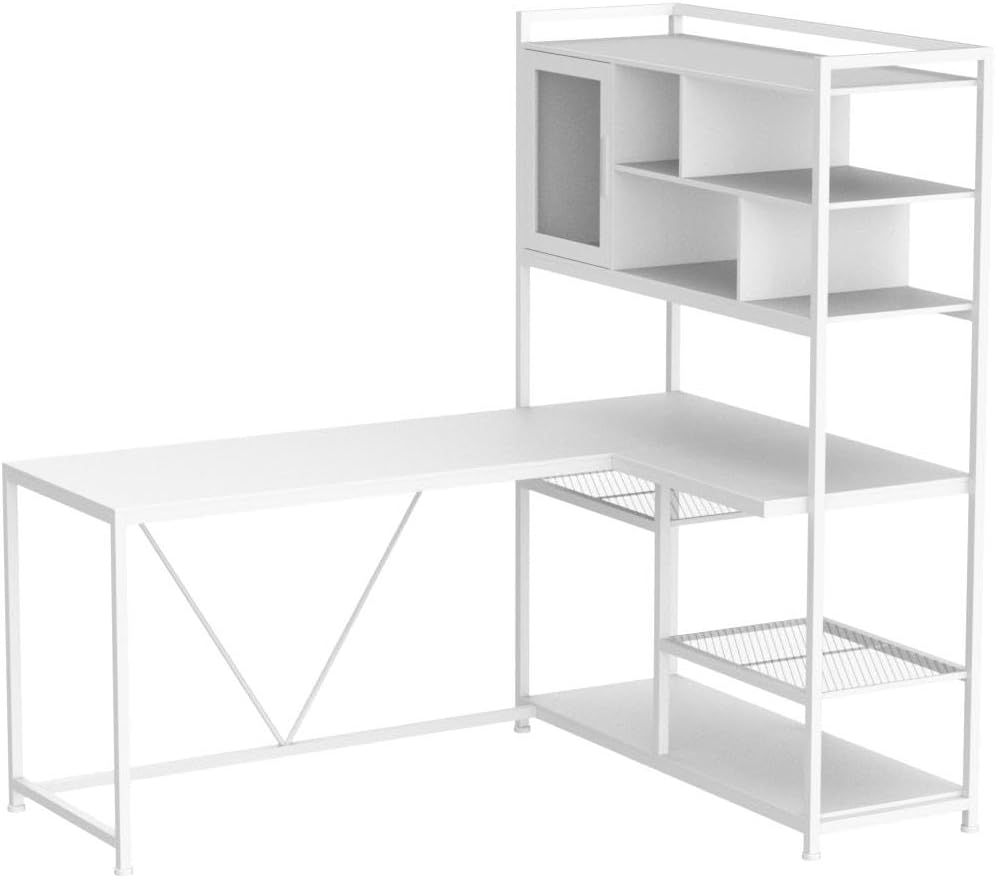 L Shaped Computer Desk, 58'' Office Desk with LED Light and Bookshelf, L Shaped Corner Desk with Storage Shelves for