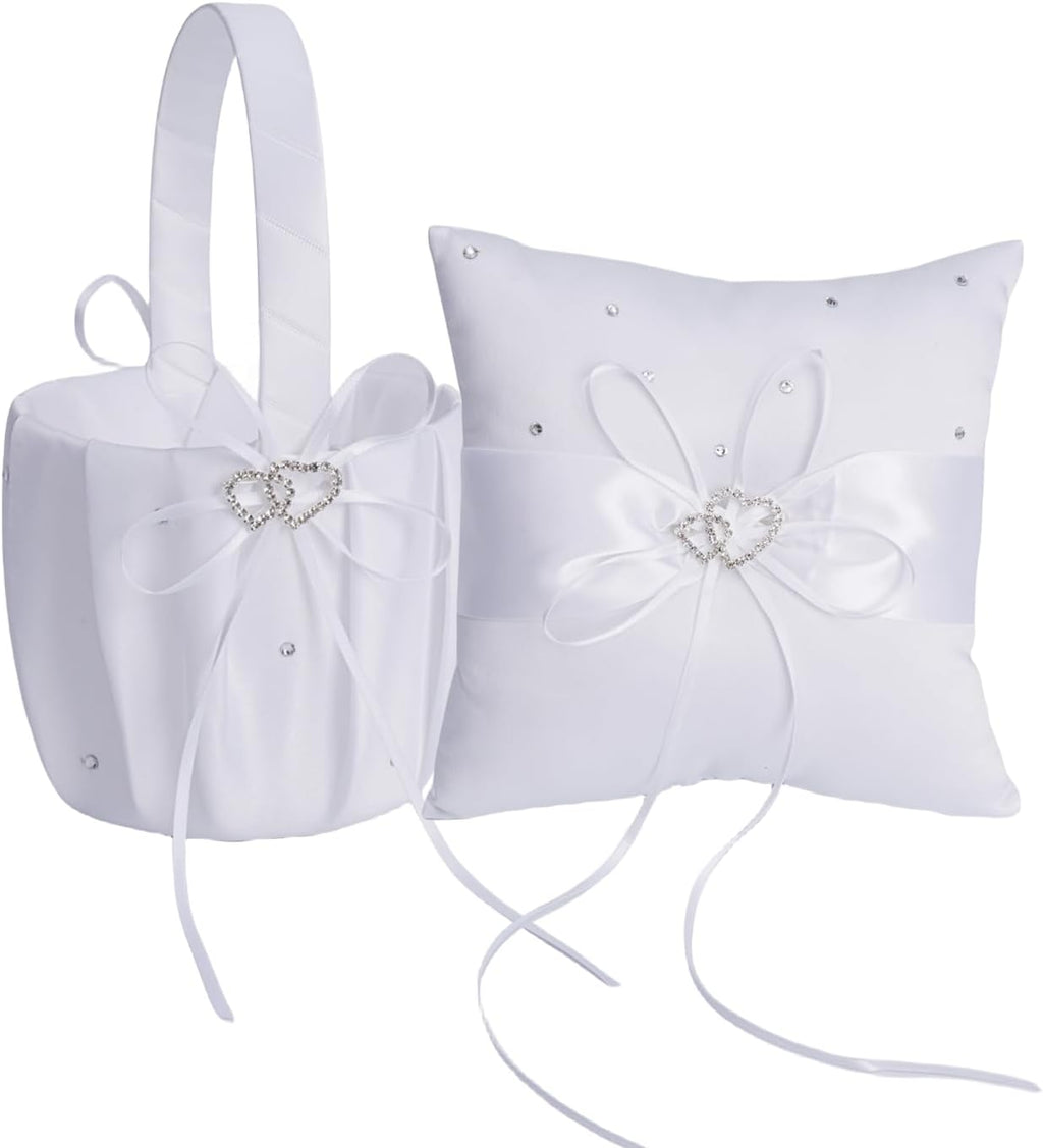 Wedding Ring Pillow and Flower Girl Basket Set – Adorned with Pearl Rhinestones, White Satin,White