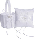 Wedding Ring Pillow and Flower Girl Basket Set – Adorned with Pearl Rhinestones, White Satin,White