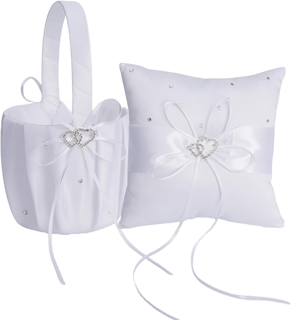 Wedding Ring Pillow and Flower Girl Basket Set – Adorned with Pearl Rhinestones, White Satin,White