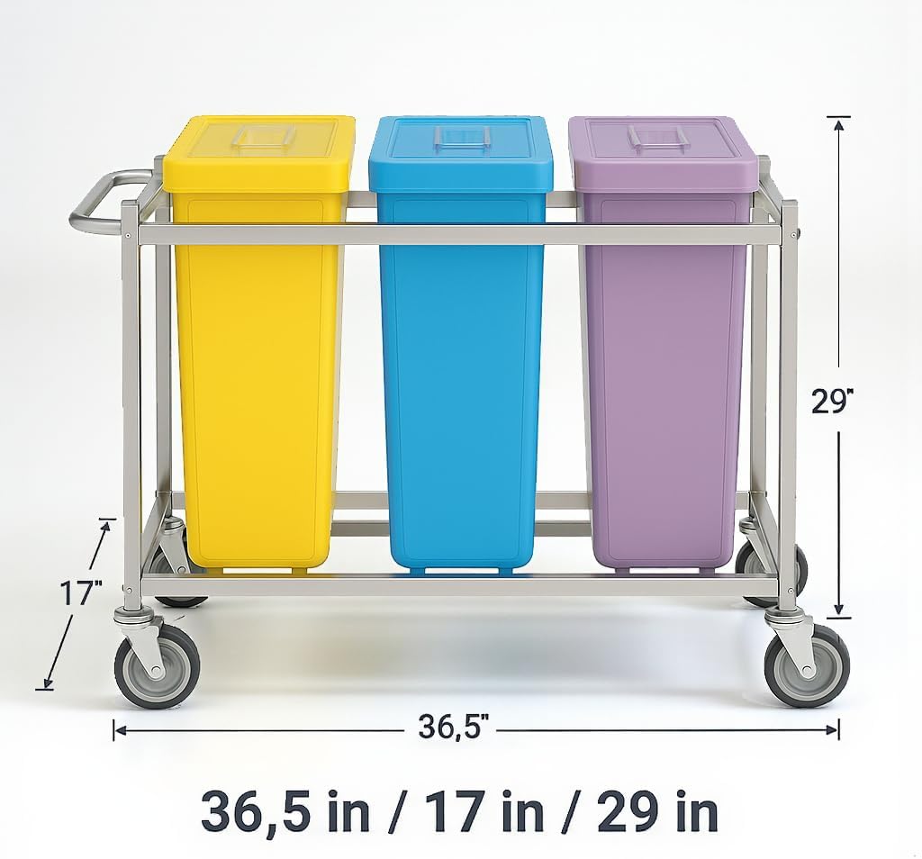 30-Gallon Mobile Triple Ingredient Bin with 3 Clear 24 oz Scoops – Three Color-Coded Containers on Casters for