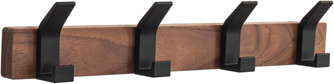 Coat Rack Wall Mount - 15.7 Inches Walnut Wood Coat Hooks Coat Rack Wall Mount with 4 Hooks Black Aluminum Coat Hooks