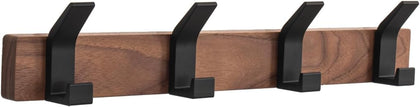 Coat Rack Wall Mount - 15.7 Inches Walnut Wood Coat Hooks Coat Rack Wall Mount with 4 Hooks Black Aluminum Coat Hooks