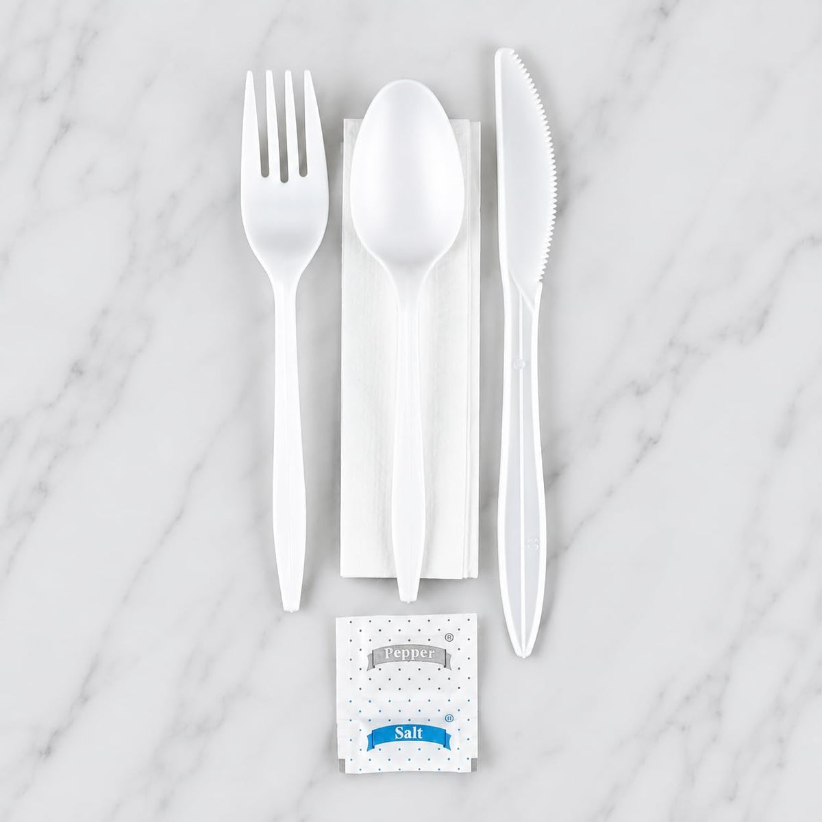 100 Pack Medium Weight Wrapped white Plastic Cutlery Pack with Napkin and Salt/Pepper Packets (White)