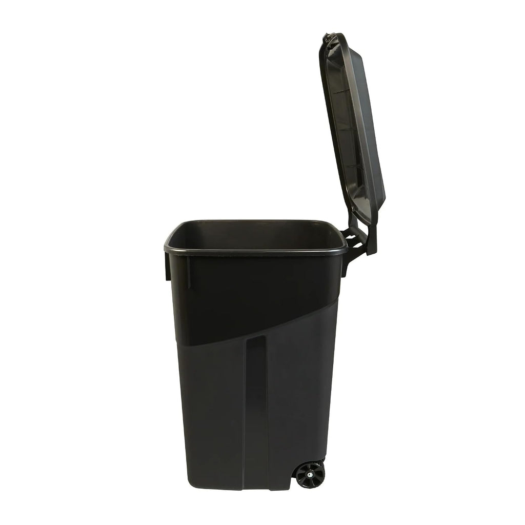 45 Gallon Heavy Duty Wheeled Trash Can with Attached Lid, Large Rolling Garbage Bin, Outdoor/Indoor Use, Black