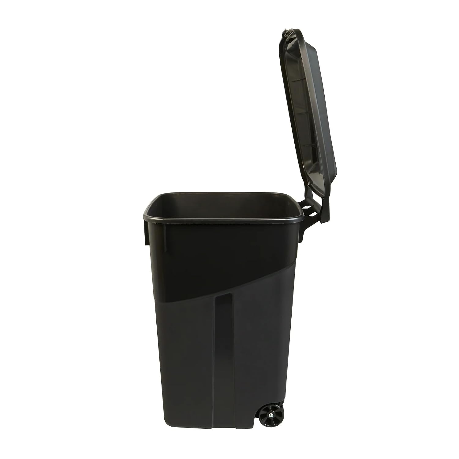 45 Gallon Heavy Duty Wheeled Trash Can with Attached Lid, Large Rolling Garbage Bin, Outdoor/Indoor Use, Black