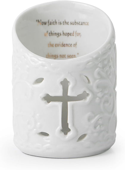 Candle Holder Ceramic Christian Cross Tea Light Holder with Bible Verse Tealight Cup Votive Candle Holder for Wedding