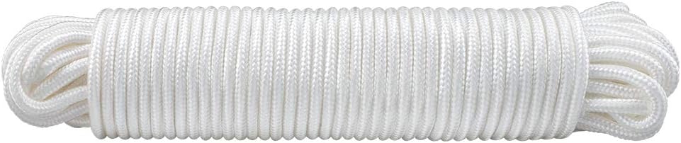 Nylon Rope - 100 Ft White Nylon String, 1/4 Inch Solid Braided Rope, Thick Washing Line for Multi-Purpose Tie Down